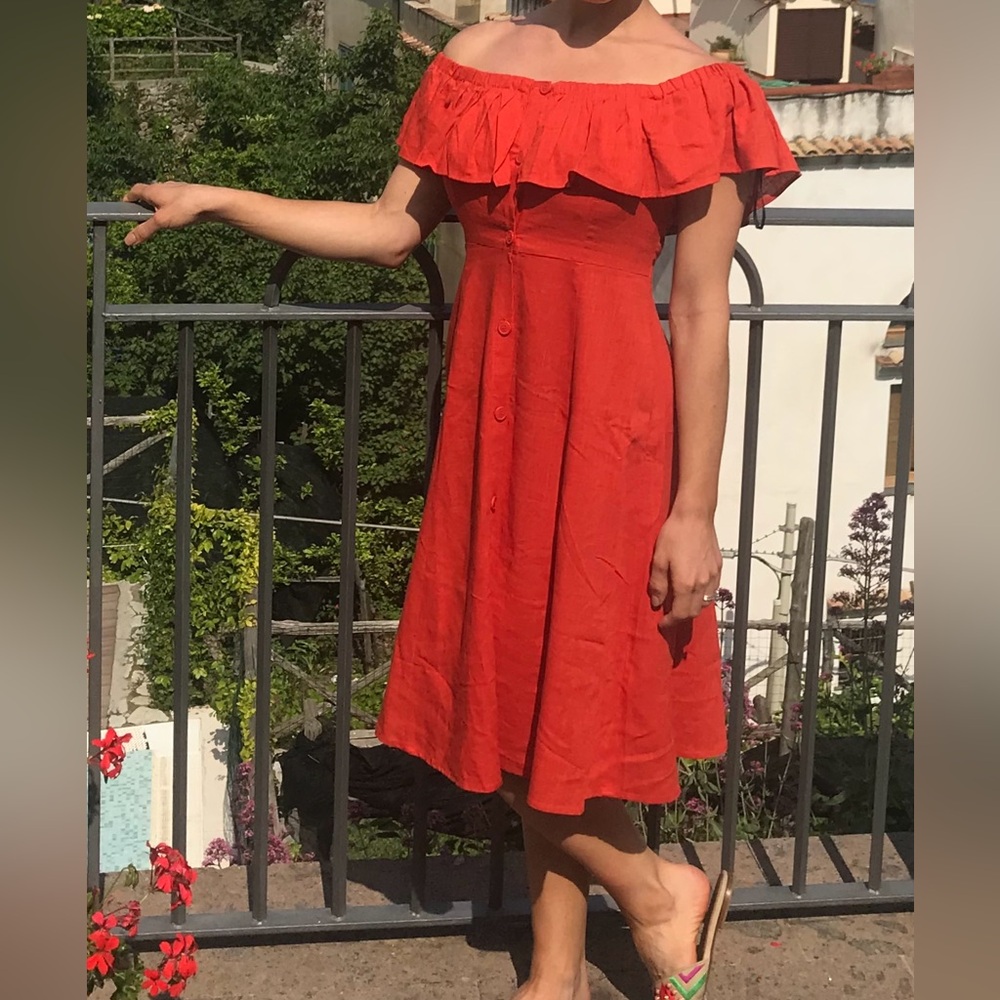 Forever 21 Off-Shoulder Coral-Red Midi Dress